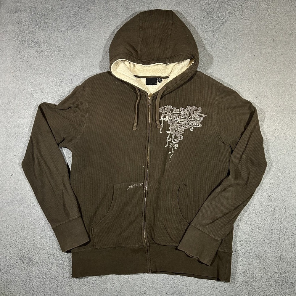 Y2k Hurley Mens XL Brown Sherpa Lined Full Zip Hoodie Jacket Spec #3437
